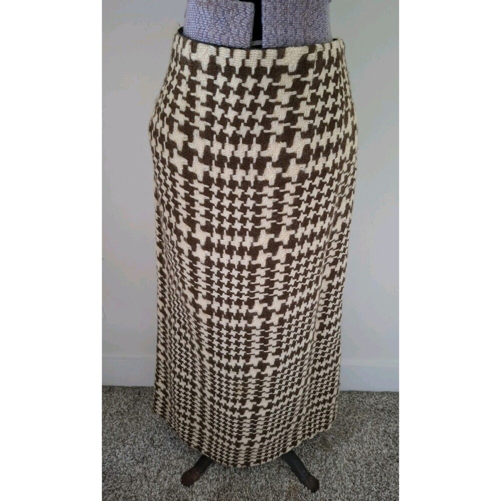 Vtg Harrods Maxi Skirt Heavy Wool Pencil Office Work Brown Cream Houndstooth 2